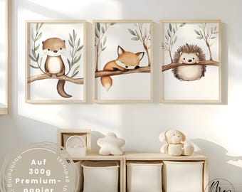Woodland Animals Poster Set for Children's Room – Otter, Fox & Hedgehog Wall Art – Neutral Baby Room Decor – Watercolor Animal Prints