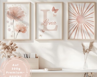 Set of 3 personalized name posters - Flowers and Boho Sun - Pictures for a girl's room - Wall decor for a girl's room, pink and neutral