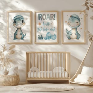 Póster de pared con diseño de dinosaurio, conjunto de 3 cuadros infantiles, azul y verde, para habitación de bebé, decoración de habitación infantil, regalo neutro para niño y niña, descarga digital
