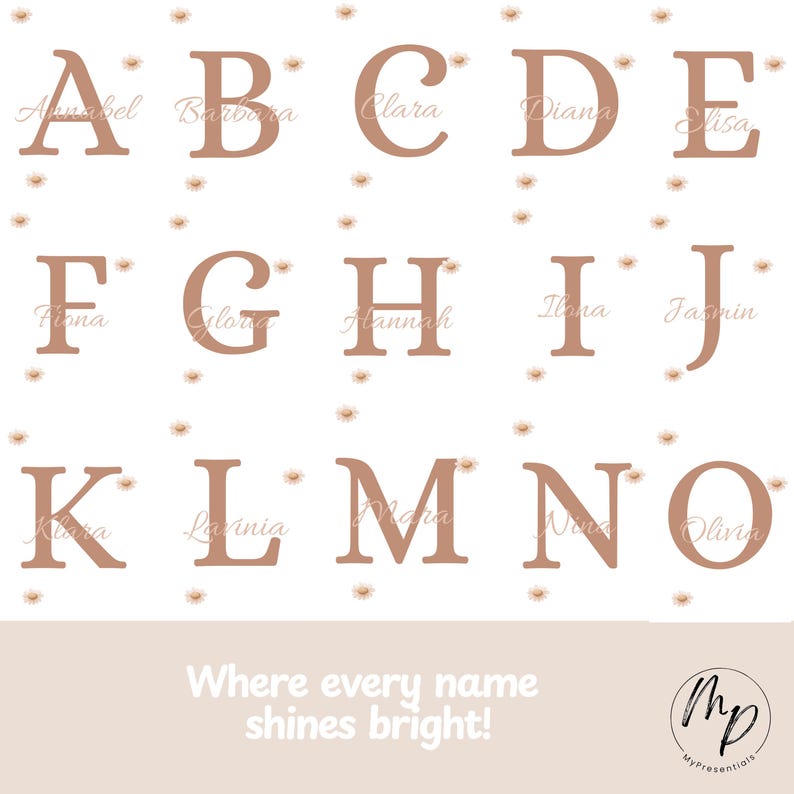 May include: A decorative print featuring the alphabet from A to O in a warm brown color, each letter with a corresponding name. Small floral accents are scattered around the letters. The text "Where every name shines bright!" is at the bottom.