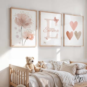 Set of 3 personalized name posters - Floral Hearts Boho Pictures for a Girl's Room - Pink Butterfly Wall Decor for a Children's Room image 4