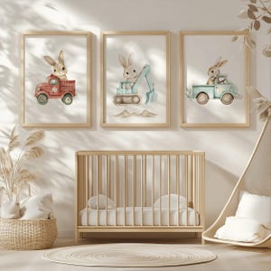 Poster Wandbild Hase Bagger LKW 3er-Set Baustelle Babyzimmer Kinderzimmer Süß Bild Aquarell Blau Rot Geschenk neutral Junge digital Download
