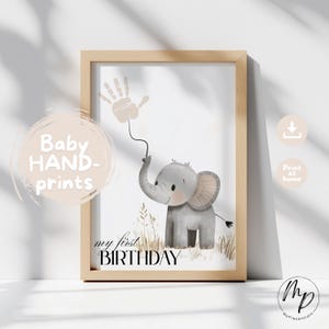 Handabdruck Poster Elefant Baby erstes Jahr Geburtstag Deko Druck Kinderzimmer Digitaler Download Geschenk Neugeborene DIY Ballon Abdruck