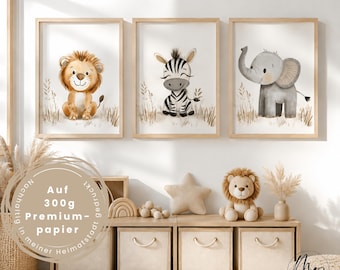 3er Dschungel Poster-Set fürs Babyzimmer A3 A4 - Bilder Safari Tiere: Elefant Löwe Zebra - Skandinavische Wanddeko - Kinderzimmer Wandkunst