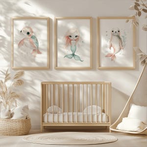 Poster Bild Meerjungfrau Schildkröte Meer Babyzimmer Kinderzimmer 3er Set neutral Wanddeko Mädchen Rosa Kinderbild Geschenk Digital Download