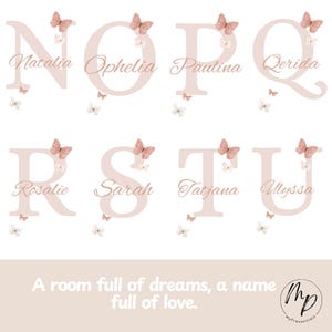 May include: A set of eight letter designs, each with a name, in a soft pink hue, adorned with butterfly illustrations. The names include Natalia, Ophelia, Paulina, Qerida, Rosalie, Sarah, Tatjana, and Ulyssa. The bottom of the image reads: "A room full of dreams, a name full of love."