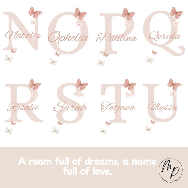 May include: A set of eight letter designs, each with a name, in a soft pink hue, adorned with butterfly illustrations. The names include Natalia, Ophelia, Paulina, Qerida, Rosalie, Sarah, Tatjana, and Ulyssa. The bottom of the image reads: "A room full of dreams, a name full of love."