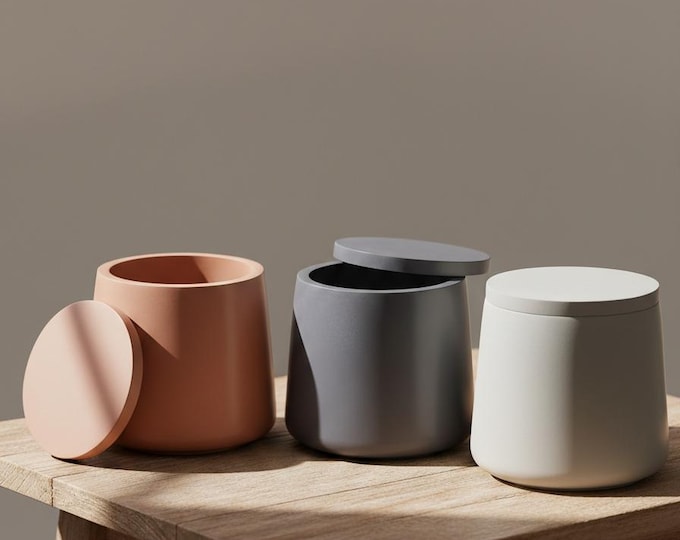 Handmade Concrete Storage Jar with Lid | Minimalist Candle Vessel | Trinket Box | Bathroom & Kitchen Organizer