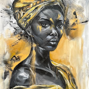 African Woman Digital Print of Abstract Oil Painting in Black & Gold, Afrocentric Wall Art, Modern Home Decor, Bold Cultural Portrait