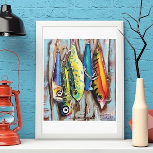 Lebendiges Fischen lockt Kunstdruck - abstraktes Ölgemälde, farbenfrohes nautisches Dekor, rustikale Fischen-Wandkunst, digitaler Download für Angler