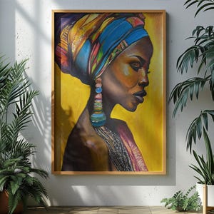 Elegant African Woman Oil Painting Canvas Print – Vibrant Headwrap Portrait Art, Cultural Wall Decor, Afrocentric Home Aesthetic