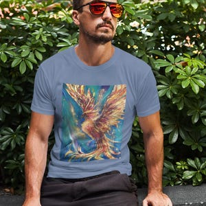 Phoenix Art Unisex T-Shirt – Vibrant Firebird, Legendary Creature, Fairy Bird Art, Burning Phoenix Oil Painting, Magic Bird