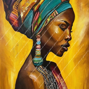Vibrant African Woman Portrait Oil Painting Digital Print - Golden grace, Bold Colors, Cultural Art for Modern Wall Decor
