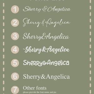 May include: A sage green rectangular chart titled Fonts List with a dashed border. It displays seven numbered options, each showing the text Sherry & Angelica in different typefaces, with option seven labeled Other fonts, please provide the font name and pic.