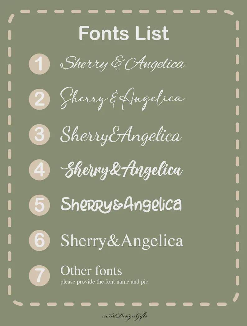 May include: A sage green rectangular chart titled Fonts List with a dashed border. It displays seven numbered options, each showing the text Sherry & Angelica in different typefaces, with option seven labeled Other fonts, please provide the font name and pic.