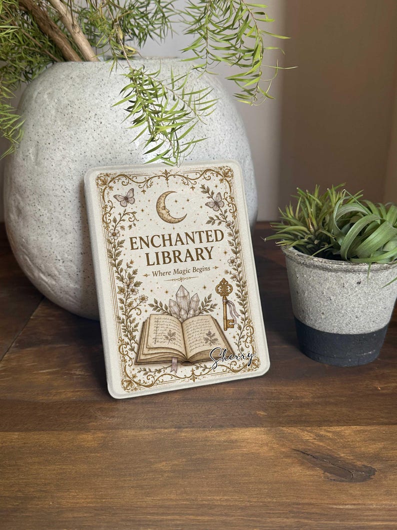 May include: A rectangular metal sign featuring a cream background with gold-toned decorative borders. The text reads ENCHANTED LIBRARY Where Magic Begins. Illustrations include a crescent moon, butterflies, crystals, an open book, and a key.