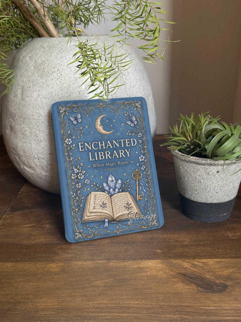 May include: A rectangular blue sign featuring the text "ENCHANTED LIBRARY Where Magic Begins" in gold lettering. The design includes illustrations of a crescent moon, butterflies, a golden key, crystals, and an open book with handwritten text.
