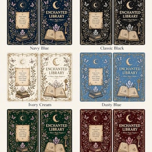 May include: A collection of rectangular cards titled Color Options, featuring the Enchanted Library design in navy blue, classic black, ivory cream, dusty blue, emerald green, and burgundy red. Each card displays a crescent moon, butterflies, an open book, crystals, and a key.