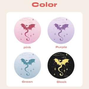 May include: An image titled "Color" displays four circular designs featuring a dragon illustration. Each dragon is a different color: pink, purple, green, and yellow. The background colors are pink, purple, blue, and black, respectively. The word "Color" is at the top.