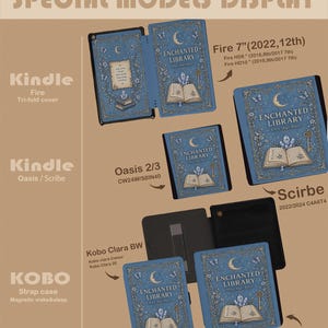 May include: A collection of blue e-reader covers featuring an Enchanted Library design with a crescent moon, open book, and key. The display shows various models including Fire 7, Oasis 2/3, Scribe, Kobo Clara BW, and Kobo Libra 2/Colour with text labels.