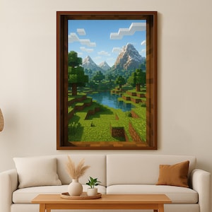 May include: A framed digital art print of a Minecraft landscape with green hills, a blue lake, and mountains in the background.