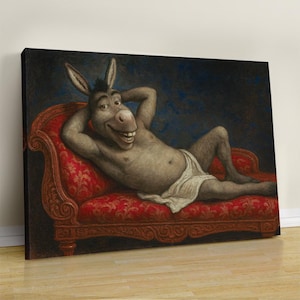 May include: A donkey with a human-like face is lying on a red velvet chaise longue. The donkey is wearing a white cloth and has a relaxed expression.