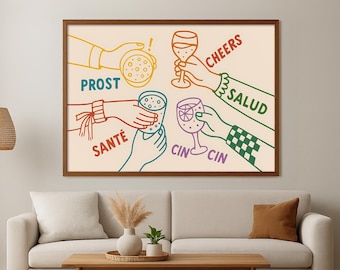 Cheers Print: Cocktail Art, Bar Cart Decor, Kitchen Wall Art