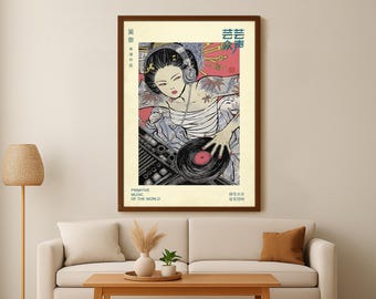 Peut inclure: Une affiche vintage représentant une femme avec un casque et un tourne-disque. L'affiche est en japonais et en anglais et dit "Musique primitive du monde".