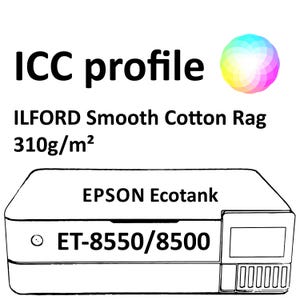 May include: A white Epson Ecotank printer with the text "ET-8550/8500" is displayed. The image also includes the text "ICC profile" and "ILFORD Smooth Cotton Rag 310g/m²". A colorful graphic is in the upper right corner.