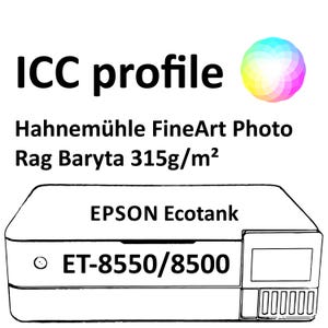 Pode incluir: Uma impressora Epson Ecotank com o texto "ICC profile" e "Hahnemühle FineArt Photo Rag Baryta 315g/m²". O modelo da impressora é ET-8550/8500. Um círculo gradiente colorido está no canto superior direito.