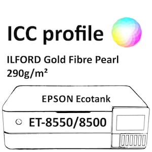 Puede incluir: La imagen presenta el texto "ICC profile" y "ILFORD Gold Fibre Pearl 290g/m²". Se muestra una impresora EPSON Ecotank modelo ET-8550/8500. Una esfera de gradiente colorida está en la esquina superior derecha.