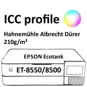May include: A white Epson Ecotank printer with the model number ET-8550/8500. The image includes the text "ICC profile", "Hahnemühle Albrecht Dürer 210g/m²", and a colorful graphic.