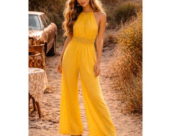 Vtg 60s Vanity Fair Small Jumpsuit Womens Yellow Hippie Crochet Wide Leg Halter