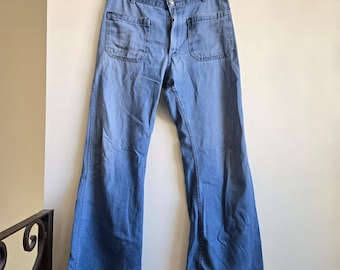 Seafarer 32 Vintage Dungaree Jeans Herr Blå Ljusblå Bell Bottom Flare Patch Pocket