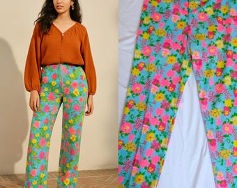 Vintage 1970s The Lilly Pulitzer L Floral Print Pants Bright Funky Colorful Boho
