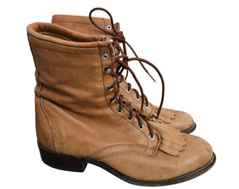 Laredo 7 M Packer Boots Women Tan Good Leather Lace Up Kiltie Western 55056 USA