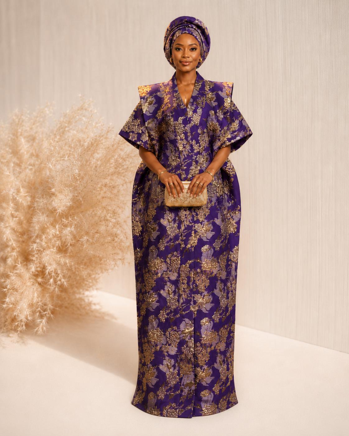 Nigerian Party Dress Gold Purple for Wedding