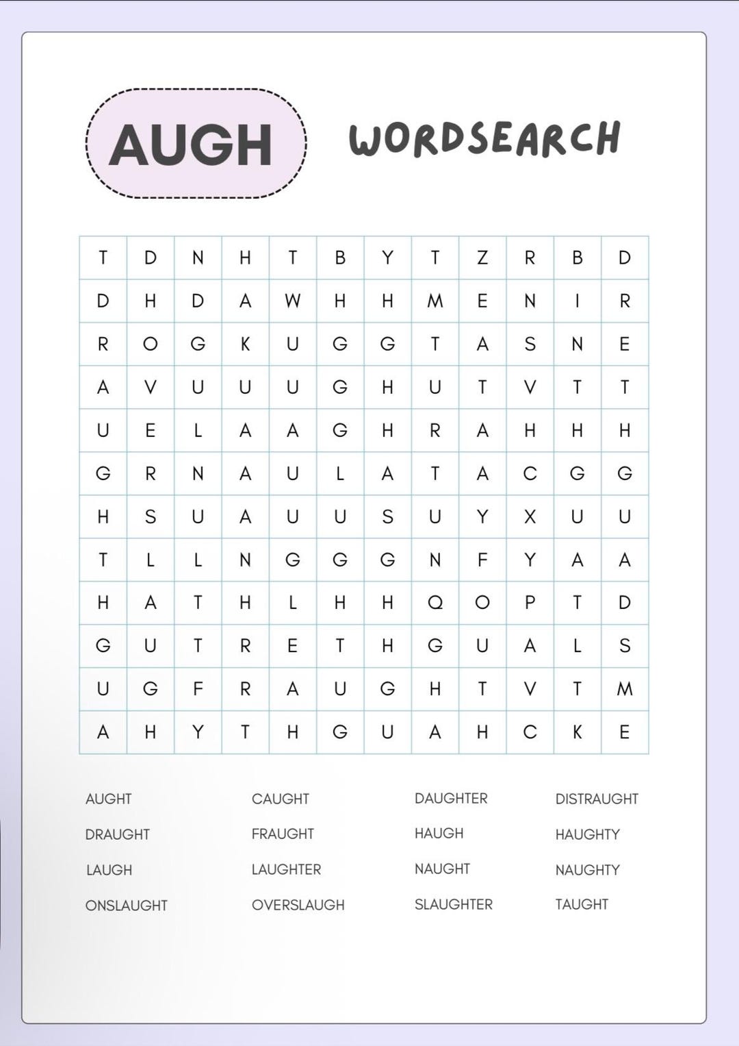 AUGH Word Search Puzzle Printable – Fun Phonics Activity for Kids ...