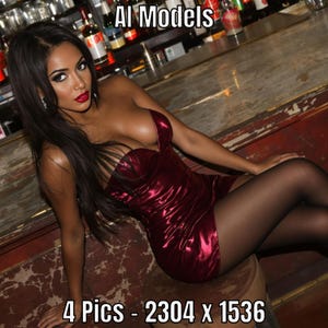 Könnte beinhalten: Eine Frau in einem burgunderfarbenen Satinkleid sitzt auf einem Hocker. Das Kleid ist trägerlos und hat einen tiefen Ausschnitt. Die Frau hat lange dunkle Haare und trägt roten Lippenstift. Der Text "AI Models" steht darüber und "4 Pics - 2304 x 1536" unten.