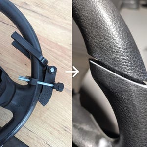 Può includere: Un volante nero con un morsetto di riparazione in plastica attaccato. Il morsetto è fissato con un bullone e una manopola. L'immagine mostra il volante prima e dopo la riparazione.