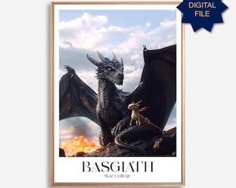 May include: A digital print of a black dragon with a smaller, orange dragon beside it. The dragons are perched on a rocky outcropping with flames in the background. The text "BASGIATH War College" is at the bottom of the print.