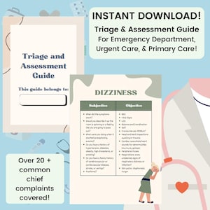 Puede incluir: Una guía imprimible para el triage y la evaluación en los departamentos de emergencias, atención urgente y atención primaria. La guía incluye una sección sobre mareos con preguntas subjetivas y objetivas para hacer a los pacientes. La guía está ilustrada con una caricatura de una persona que experimenta mareos.
