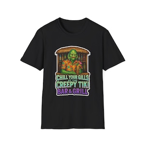 Chill Your Gills Creature-T-shirt – Griezelig Tiki Bar & Grill-horrormonstershirt, retro-T-shirt tropische vakantie