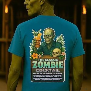 Klassiek zombiecocktail-T-shirt – ontwerp voor- en achterkant – Tiki Bar-recept voor zombiedrankje – grappig T-shirt tropisch Hawaïaans strand