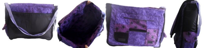 May include: Purple and black patchwork messenger bag with a zipper closure and a long adjustable strap. The bag has multiple pockets and a patterned lining.