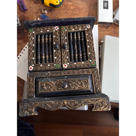 vintage or antique miniature wooden jewelry cabinet