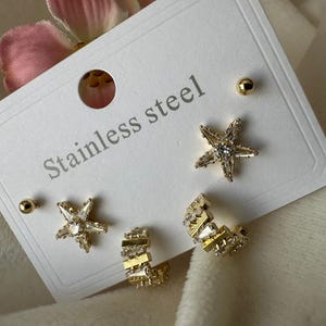 Gold Earring Set of 3 – Starfish, Mini Hoop & Bead Stud – Ocean-Inspired Dainty Jewelry by Stonava