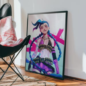May include: A digital illustration of a female anime character with blue hair and a pink and purple outfit. She is wearing a belt with bullets and has a mischievous expression on her face.