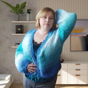 Cozy Blue Evening Cardigan - Mohair Hand-Knit Cobweb Design