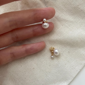 14K Gold Filled Freshwater Pearl Double Stud Earrings, Minimalist Natural Pearl Earrings, Elegant Dainty Jewelry, Classic Gift for Her